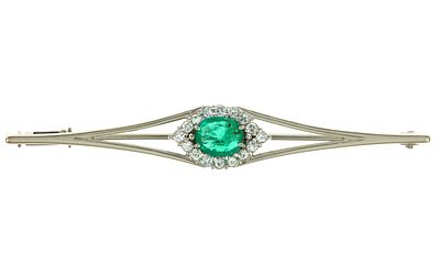 Brosche 4,33g 585/- Wei&szlig;gold mit 16 Diamanten zus. ca. 0,24 ct. und Smaragd. Brosche 4,33g 585/- 