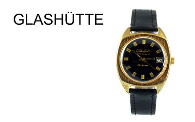 Glash&uuml;tte Spezimatic Automatik Edelstahl vergoldet, Lederband und Schliesse sind nicht original, 