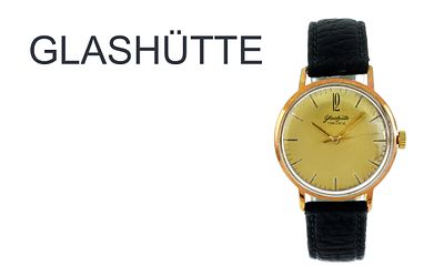 Glash&uuml;tte Handaufzug Edelstahl vergoldet, Lederband und Schliesse sind nicht original, ohne Box u