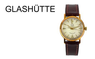 Glash&uuml;tte Handaufzug Edelstahl vergoldet, Lederband und Schliesse sind nicht original, ohne Box u