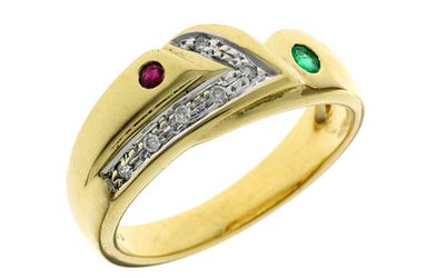 Ring 5,14g 750/- Gelbgold und Wei&szlig;gold mit 6 Diamanten zus. ca. 0,03 ct. H/si-pi, Smaragd und Rub