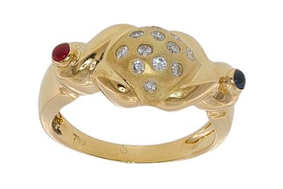 Ring 5,65g 750/- Gelbgold mit 12 Diamanten zus. ca. 0,12 ct. F/vs-si, Rubin und Saphir, Ringgr&ouml;&szlig;e