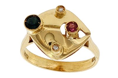 Ring 4,40g 750/- Gelbgold und Wei&szlig;gold mit 2 Diamanten zus. ca. 0,04 ct. H/pi, Rubin und Saphir, 