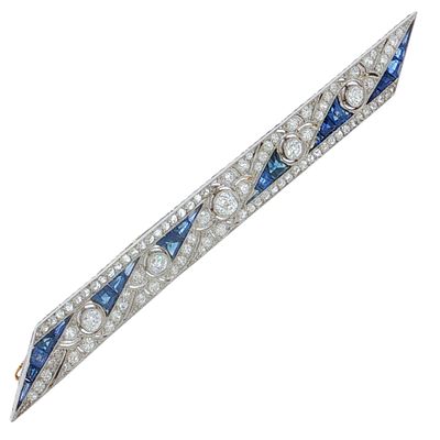 Brosche 8,02g 750/- Gelbgold und 950/- Platin mit 97 Diamanten zus. ca. 1,98 ct. und Saphiren