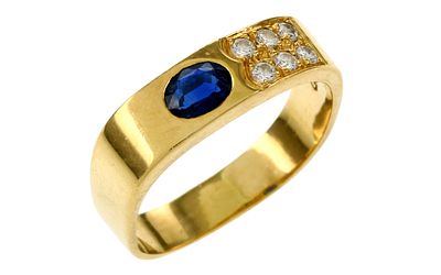 Ring 4,11g 750/- Gelbgold mit 6 Diamanten zus. ca. 0,12 ct. und Saphir, Ringgr&ouml;&szlig;e ca. 54,5. Ring 