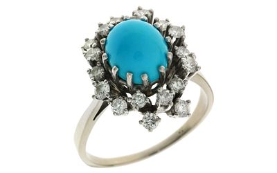 Ring 8,74g 750/- Wei&szlig;gold mit 18 Diamanten zus. ca. 0,72 ct. und T&uuml;rkis, Ringgr&ouml;&szlig;e ca. 62. Ring 