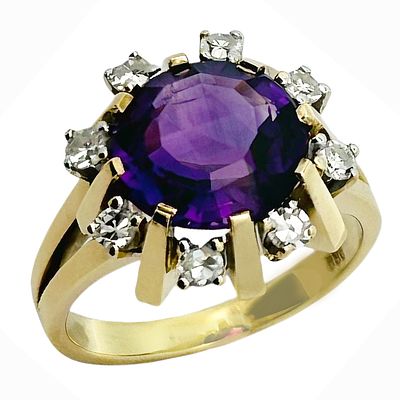 Ring 5,87g 585/- Gelbgold mit 8 Diamanten zus. ca. 0,16 ct. G/ vs und Amethyst, Ringgr&ouml;&szlig;e ca. 52. 