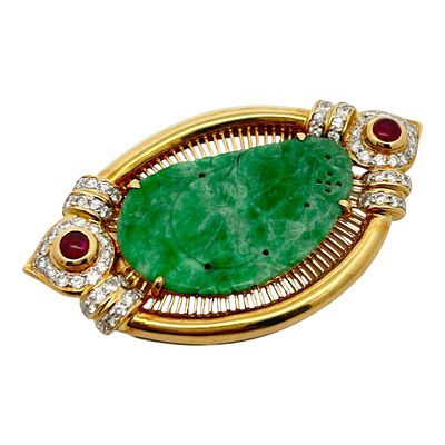 Brosche 19,37g 750/- Gelbgold und Wei&szlig;gold mit 58 Diamanten zus. ca. 0,87 ct., Rubinen und Jade. 