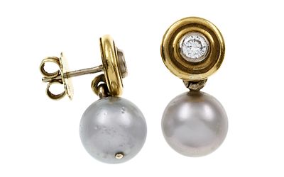 Ohrstecker 9,81g 750/- Gelbgold mit 2 Diamanten zus. ca. 0,36 ct. F/vs und Tahiti-Zuchtperlen