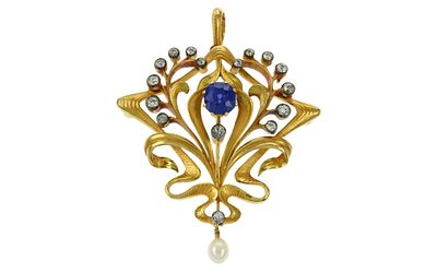 Anh&auml;nger 11,58g 750/- Gelbgold mit 16 Diamanten zus. ca. 0,48ct. H/si (Altschliff) , Saphir und P