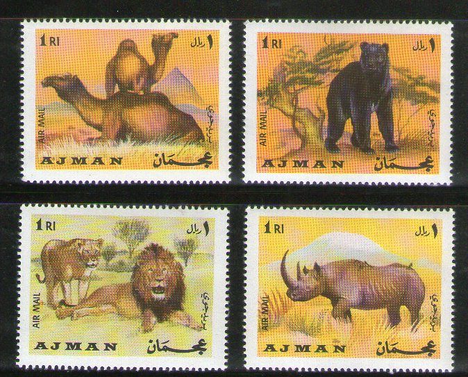 Ajman 1973 Lion Bear Camel Rhino Zoo Animals Wildlife 4v Mint . Mint without Gum