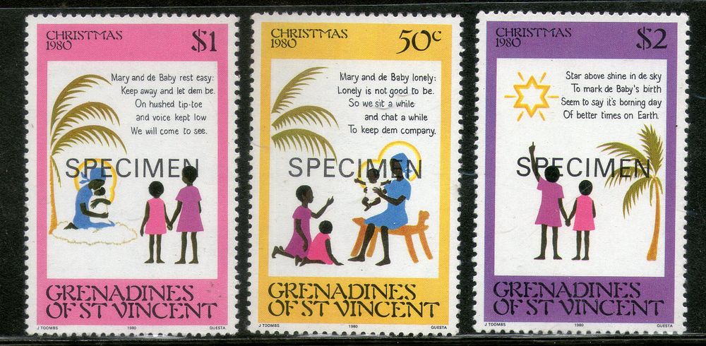 St. Vincent Grenadines 1980 Christmas Scenes and Verse Sc 195 SPECIMEN 3v MNH