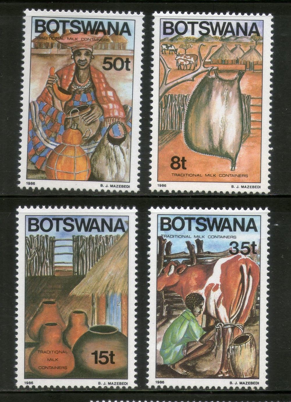 Botswana 1986 Traditional Milk Containers Cow Cattle Agriculture Sc 384-87 MNH