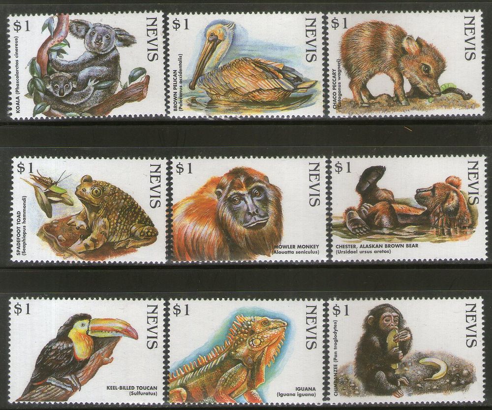 Nevis 1998 Endangered Species Birds Monkey Bear Wildlife Animals Sc 1073 9v MNH