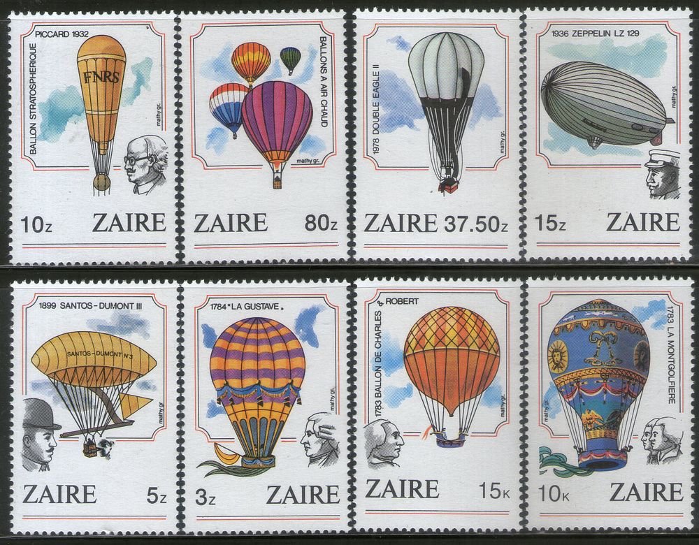 Zaire 1984 Balloon Manned Flight Aviation Zeppelin Sc 1460-67 8v MNH