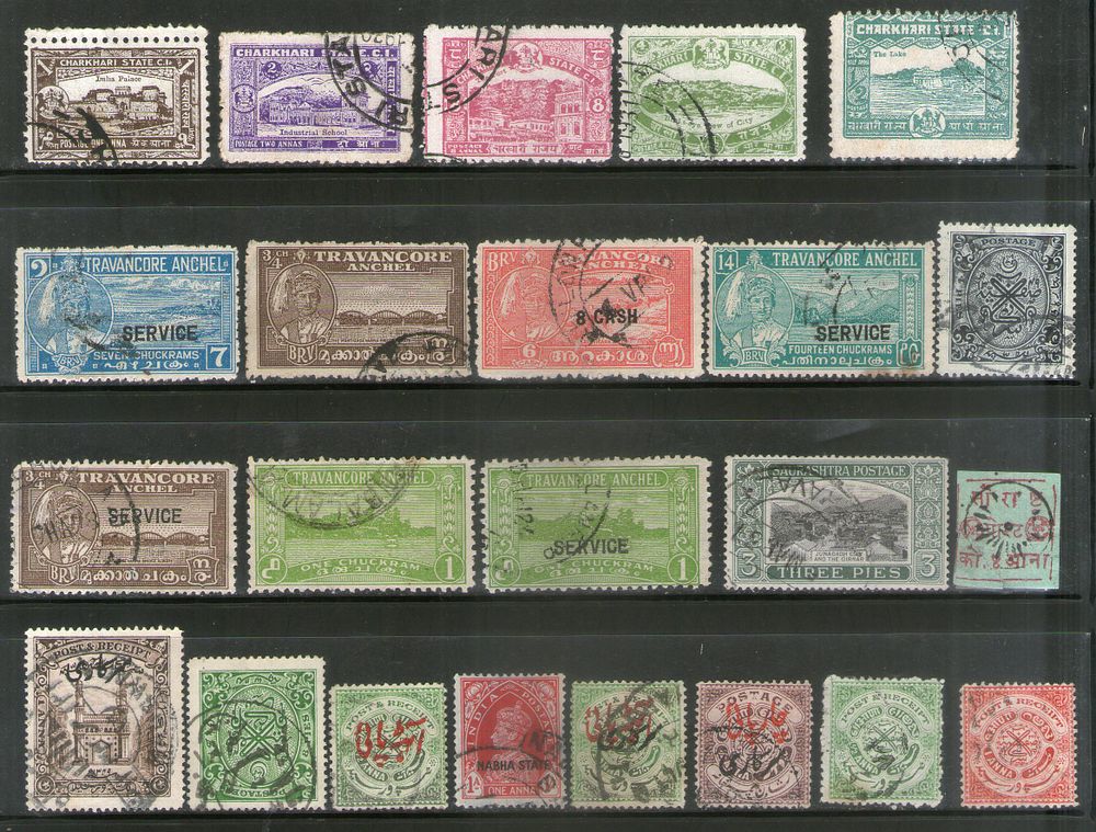 India 23 diff. Charkhari Hyderabad Nabha Saurashtra Travancore States Used Stamps