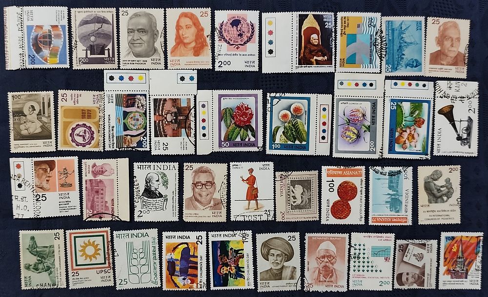 India 1977 Used Year Pack of 37 Stamps Red Cross Flower Homoeopathic Environment