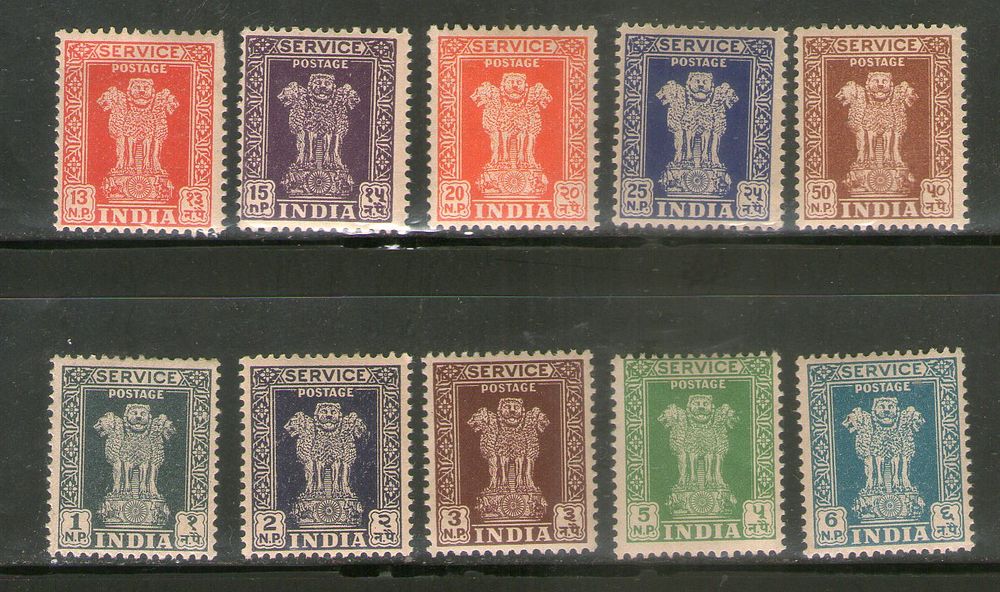 India 1957 Ashokan Capital Service Series WMK-STAR Phila-S180-189 10V MNH