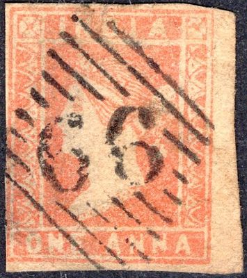 1854 Lithograph 1a dull red Die II worn printing used with type 4 pmk.'66' numeral cancellation 