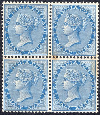 1873 East India &frac12;a blue Die II ( Sg No. 76) mint block of 4 with tone spot in center at back 