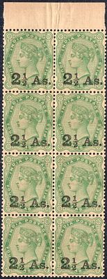 1891 QV 2&frac12;As. Surch. On 4a 6p yellow-green (Sg No. 102) fine upper marginal mint block of 8.