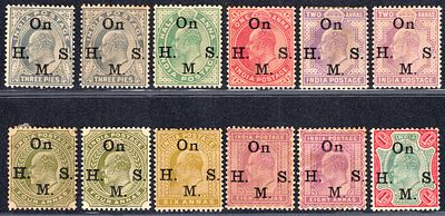 1902-09 Ed VII official issue 3p to 1re. ovpt.On H.M.S. complete set with all the listed shades 