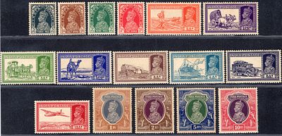 1937-40 KGVI 3p to 10Rs. set of 16v (Sg No. 247/262) in mint condition.