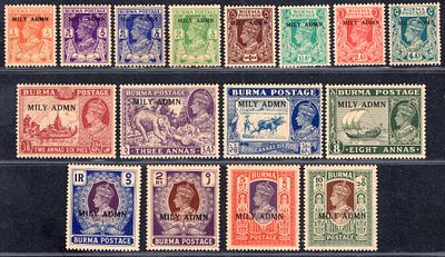 Burma 1945 KGVI complete set up to 10Rs. ovpt. MILY ADMN (British Military Administration) in 