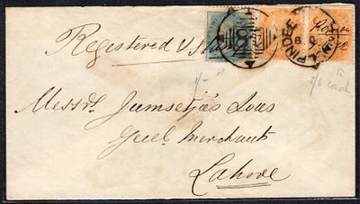 1872 cover franked with E.I. &frac12;as blue &amp; 2as brown orange horizontal pair tied with type 9 