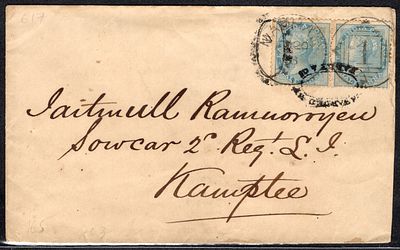 1873 cover franked with E.I. &frac12;as blue horizontal pair tied with type 9 duplex Madras 