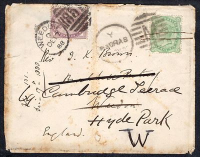 Combination cover - India 1888 cover franked with QV 4a 6p yellow-green tied with Cooper type 