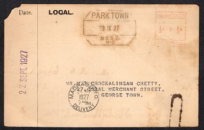 Meter Franking - 1927 (Sep. 23) The Madras Electric Supply Corporation stationary card with &frac12;a 