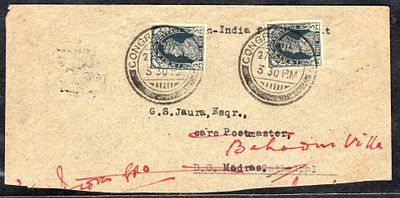 Congress Exhibition - 1938 (Feb. 27) large part of the cover franked with KGVI 3p x 2 tied with 
