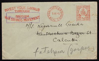 WWII 1942 (June 5) cover sent from Calcutta with 9p meter franking along with " INVEST YOUR 