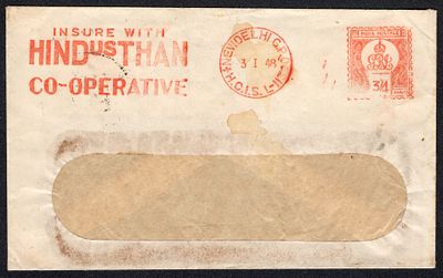 WWII 1948 (Jan. 3) Meter franking cover sent from New Delhi with "INSURE WITH HINDUSTHAN 