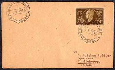 French India 1945 (Apr. 6) French Red Cross 3fa + 1r 4fa charity issue used on cover with 
