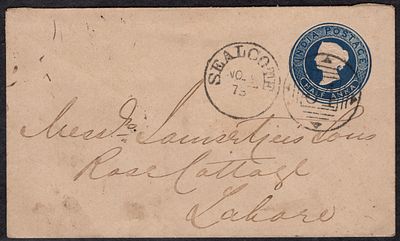 1871 QV &frac12;as blue on laid paper with blue seal on flap, inprint IV (122 x 72 mm) ps env used 