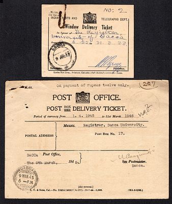 Post Office Post Box Window Delivery Ticket - Indian Post &amp; Telegraph Dept. Window Delivery 
