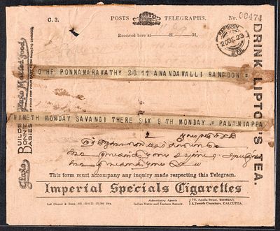 India Telegram Form used dt.1923 from Rangoon with multiples pictorial advertisement like Tea 