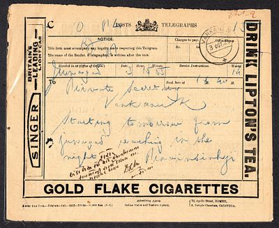 India Telegram Form used dt.1925 with multiples pictorial advertisement like Tea, Cigarettes 