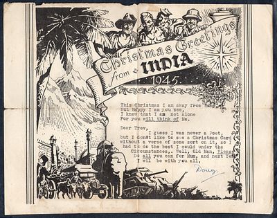 India WWII 1945 Christmas Greetings Air Letter, used depicted with Soldiers, Tanks &amp; 