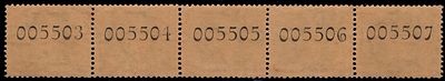 India Map (Ashokan wmk) 5np bright green mint strip of 5 with Coil numbers imprinted on back.