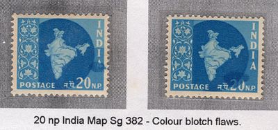 India 1957 Map (star wmk) 20 np blue two single stamp with colour blotch flaws in different 