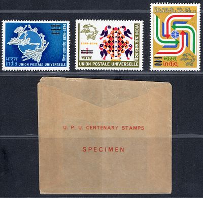 India 1974 U.P.U. Centenary mint set of 3 ovpt. SPECIMEN with original envelope.