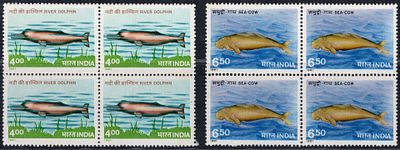 India 1991 (March 4) Endangered Marine Mannals set of 2v in mnh mint block of four.