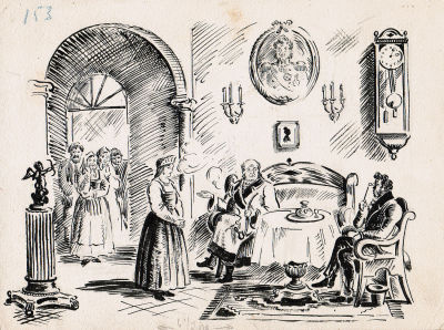 Иллюстрация к книге, Флеров "Ясное утро" часть IV. Бумага тушь, худ. Б.Покровский, формат 23 х 