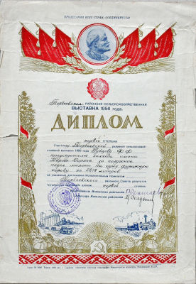 Диплом с/х выставки 1956 г. Формат листа 28 х 39 см.