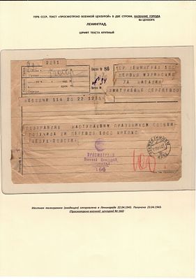 ЛЕНИНГРАД. ЛИСТ ВЫСТАВОЧНОЙ КОЛЛЕКЦИИ. ТЕЛЕГРАММА С ЦЕНЗУРОЙ. БОЛЬШАЯ РЕДКОСТЬ