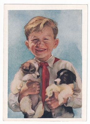 1954. Худ. Э.Стрелкова. №48. ПИОНЕР С ЩЕНКАМИ