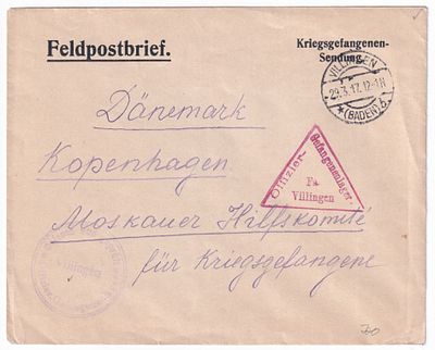 1917. ПОЧТА РУССКОГО ВОЕННОПЛЕННОГО ИЗ ГЕРМАНИИ В ДАНИЮ И ДАЛЬШЕ В РОССИЮ. РЕДКОСТЬ.